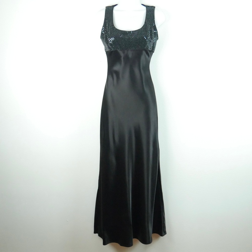 Vintage Black Sequin Satin Maxi Dress Y2K Goth Whimsigoth Small Prom Formal Glam
